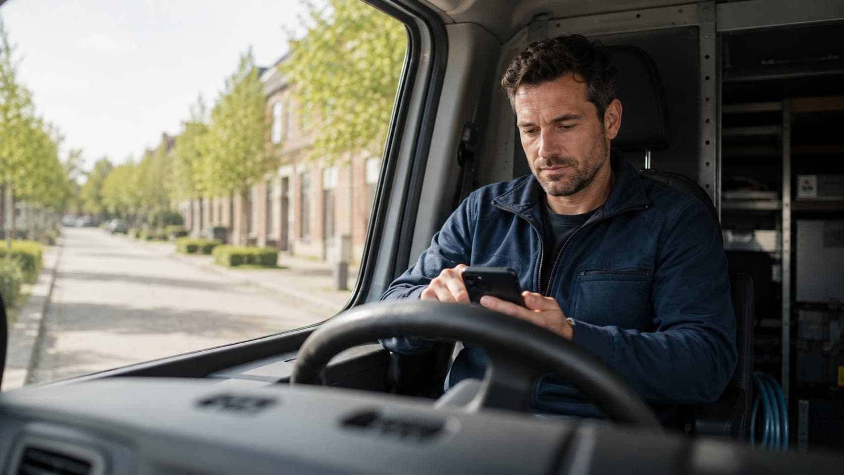 Een monteur zit achter het stuur van zijn bestelbus en bedient zijn telefoon.