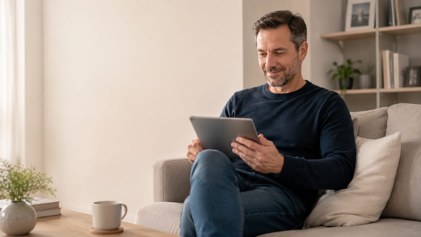 Een man zit op de bank met een tablet in zijn handen.
