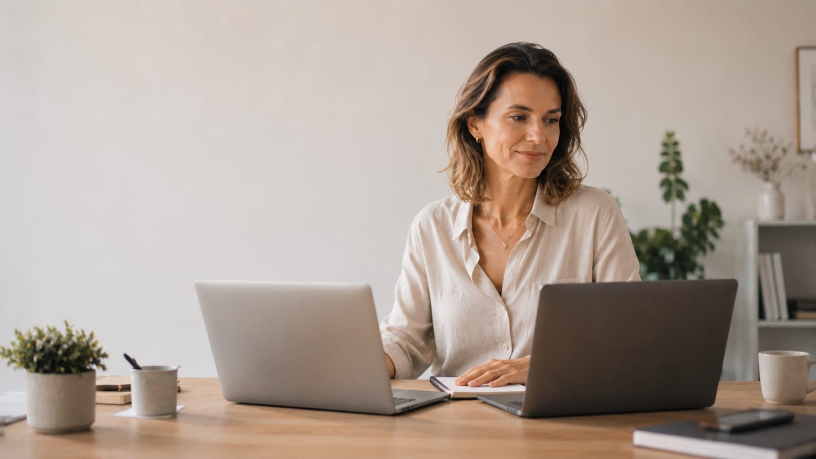 Een vrouw werkt aan een bureau met twee laptops naast elkaar.