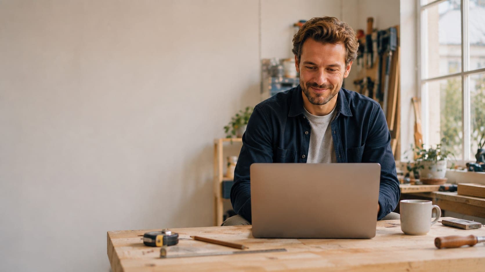 Een man werkt op een laptop aan een houten werkbank met gereedschap ernaast.