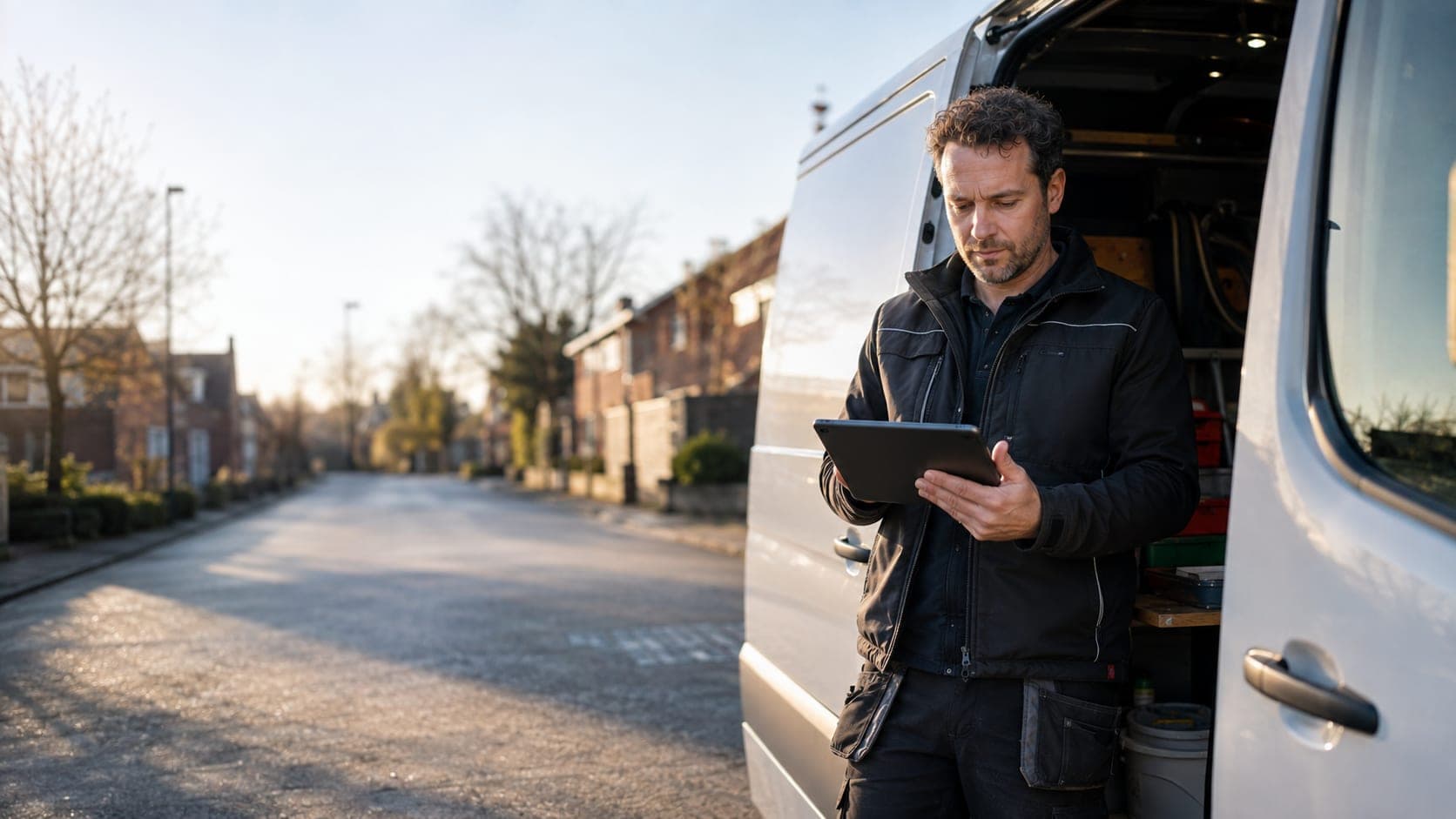 Een monteur staat met een tablet bij de open achterdeuren van zijn bestelbus in een woonstraat.