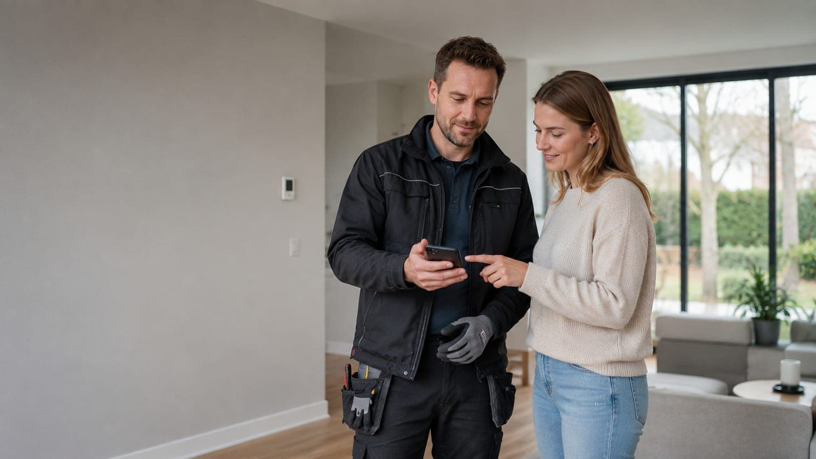 Een monteur en een klant kijken samen naar zijn telefoon in een woonkamer.